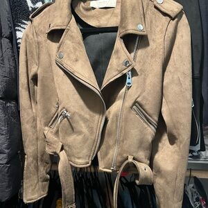 Zara Tan Faux Suede Moto Jacket with Belt